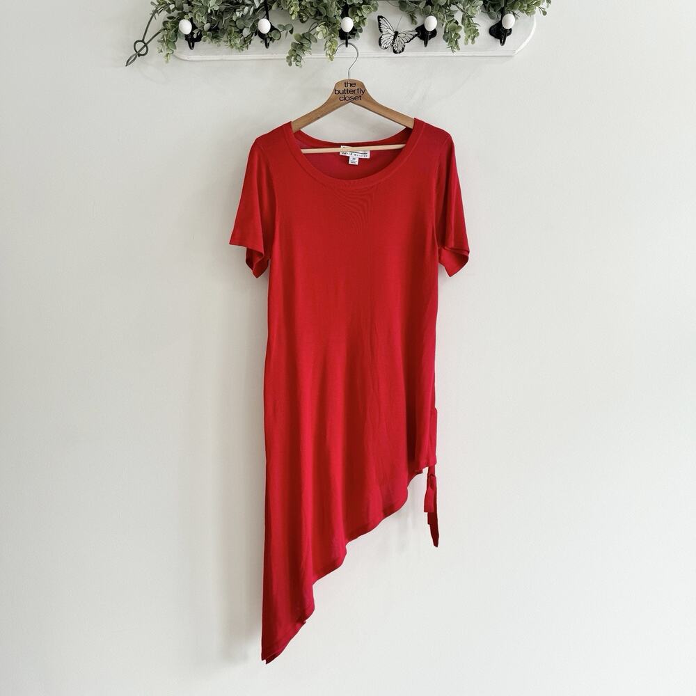 David Meister Red Asymmetrical Short Sleeve Knit Dress Medium - 6-50381